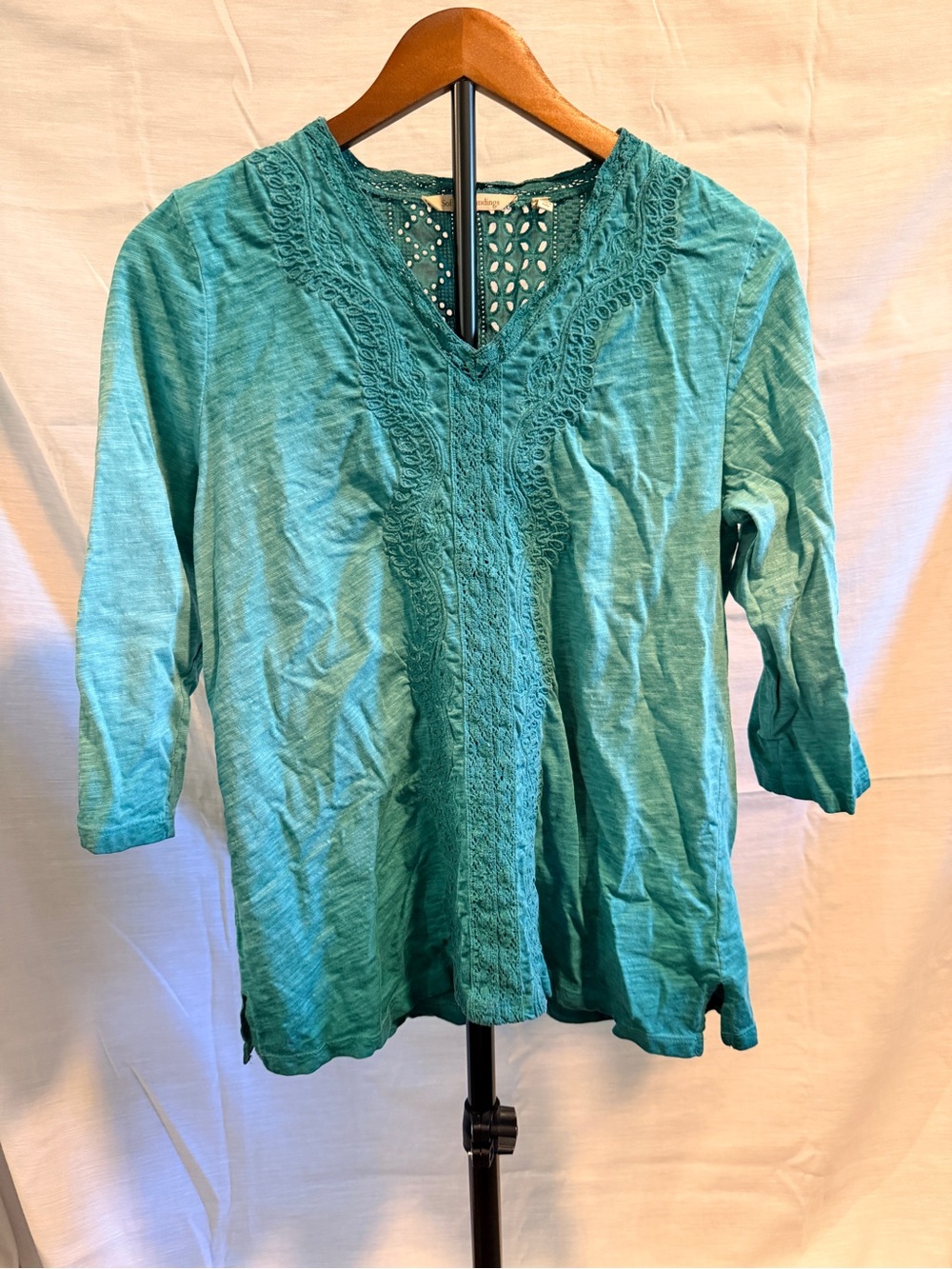 Soft Surroundings Teal Crochet-Front V-Neck Tunic